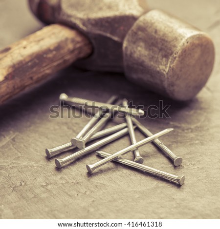 Vintage Hammer Nails Lying On Wooden Stock Photo 348698630 ...