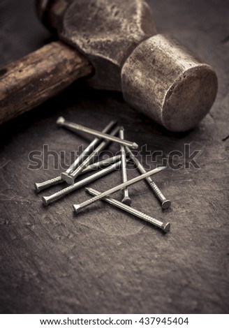 Vintage Hammer Nails Lying On Wooden Stock Photo 348698630 ...