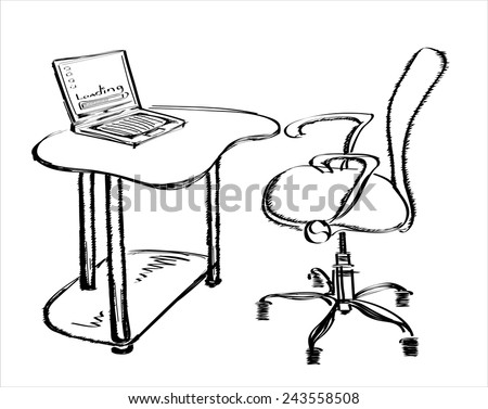 stock vector office chair and office desk with a laptop sketch style 243558508