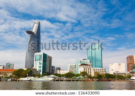 skyscrapers business center in Ho Chi Minh City on Vietnam Saigon on background blue sky