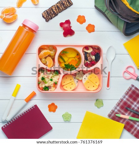 Open Lunch Box With Healthy Kids Vegetable Soup Couscous Salad And Funny Sandwiches Open Lunch Box With Healthy Kids Vegetable Soup Couscous Salad And Funny Sandwiches