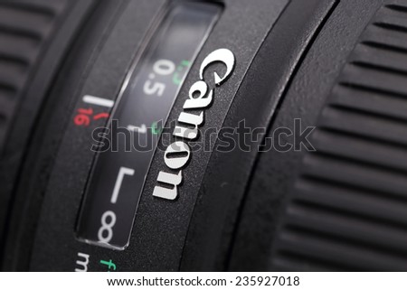 BANGKOK - DECEMBER 7 : close up image of canon logo on canon lens on December 7, 2014, in Bangkok, Thailand.