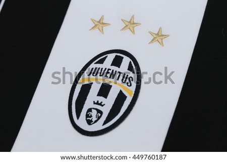BANGKOK, THAILAND - JULY 10, 2016: The Logo of Juventus on Football Jersey on July 10,2016 in Bangkok Thailand.