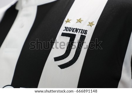BANGKOK, THAILAND -JUNE 26: The New Logo of Juventus football club on an official jersey on June 26,2017.
