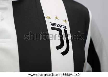BANGKOK, THAILAND -JUNE 26: The New Logo of Juventus football club on an official jersey on June 26,2017.