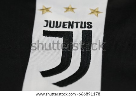 BANGKOK, THAILAND -JUNE 26: The New Logo of Juventus football club on an official jersey on June 26,2017.