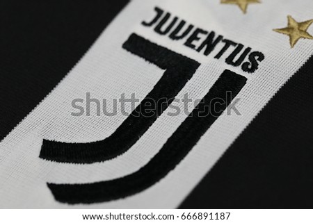 BANGKOK, THAILAND -JUNE 26: The New Logo of Juventus football club on an official jersey on June 26,2017.
