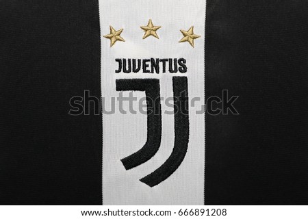 BANGKOK, THAILAND -JUNE 26: The New Logo of Juventus football club on an official jersey on June 26,2017.