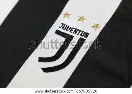 BANGKOK, THAILAND -JUNE 26: The New Logo of Juventus football club on an official jersey on June 26,2017.