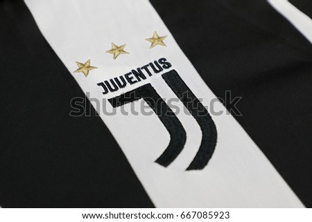 BANGKOK, THAILAND -JUNE 26: The New Logo of Juventus football club on an official jersey on June 26,2017.