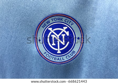 BANGKOK, THAILAND -JUNE 26: The Logo of New York City Football Club on an official jersey on June 26,2017.