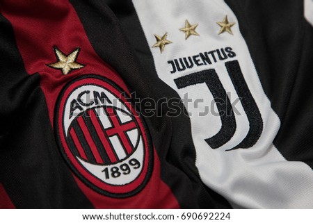 BANGKOK, THAILAND - AUGUST 5: Logo of AC Milan and Juventus Football Club on the Jersey on August 5,2017 in Bangkok Thailand.