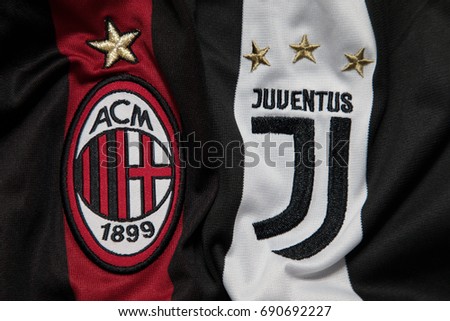 BANGKOK, THAILAND - AUGUST 5: Logo of AC Milan and Juventus Football Club on the Jersey on August 5,2017 in Bangkok Thailand.