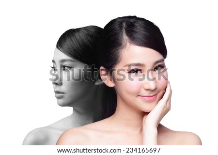 Skin Care woman after and before - portrait of the woman with beauty face and perfect skin isolated on white background, asian