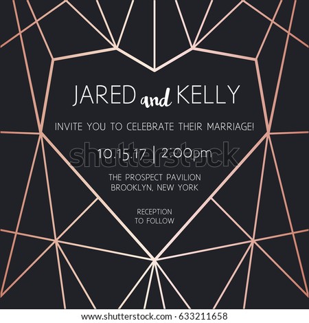 Vector modern design template for wedding invitation. Rose gold geometric heart pattern