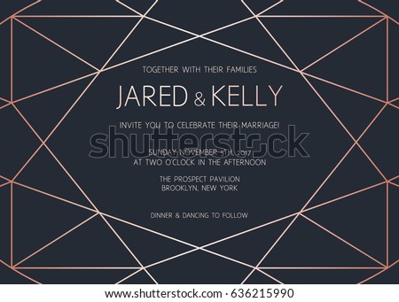 Vector modern design template for wedding invitation. Art Deco geometric rose gold pattern