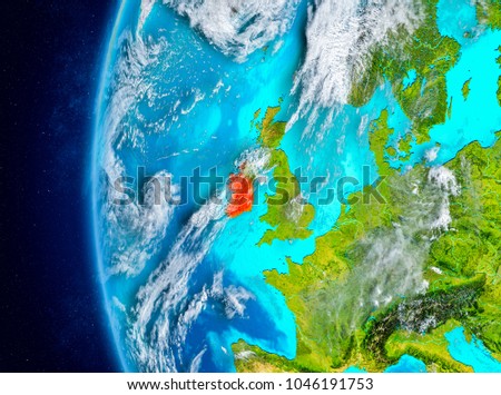 map of ireland as seen from space on planet earth with clouds and atmosphere 3d