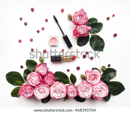 decorative flat lay composition with cosmetics and flowers top view on white background - Decorative Flowers decorative flat lay composition with cosmetics and flowers top view on white background - Decorative Flowers