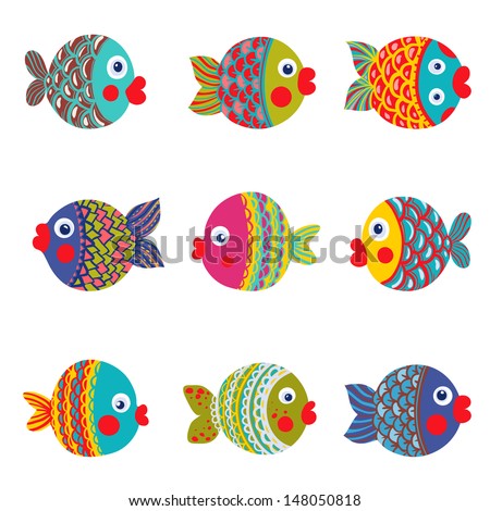Fish Collection Colorful Graphic Cartoon. Childish illustration set ...