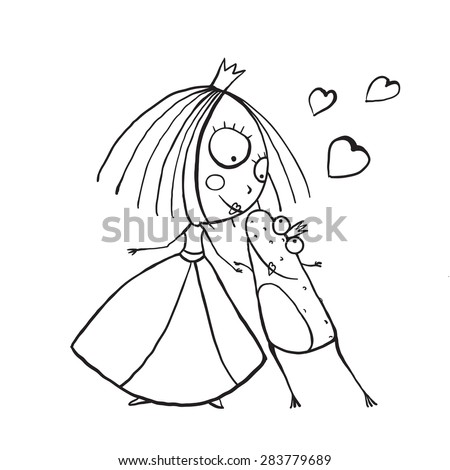 Baby Princess And Prince Frog Kissing Coloring Page Kids Love Story Cute Fun Hand