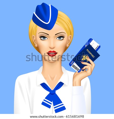 Stewardess with passport and air ticket in hand on blue background