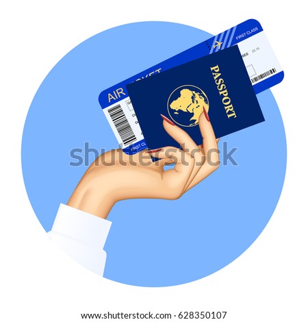 Hand of stewardess with passport and air ticket on round blue background. Vector illustration