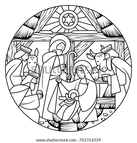 birth jesus christ scene circle shape stock illustration