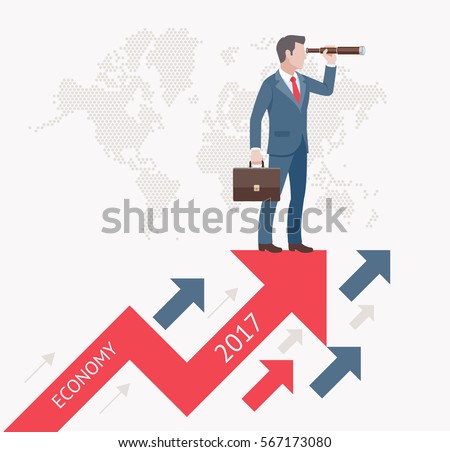 Business vision concepts. Businessman looking through binoculars standing on a red arrows. Vector illustration.