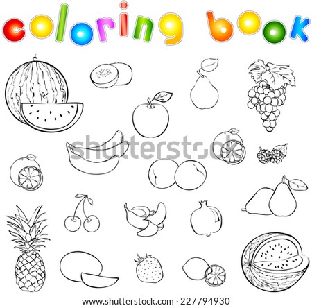 Set Of Fruits And Berries Coloring Book Vector Illustration