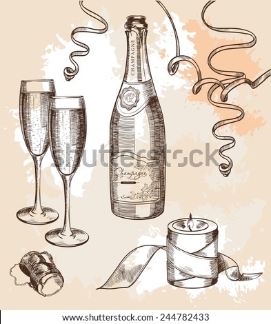 glass of champagne and a festive mood set of vector sketches