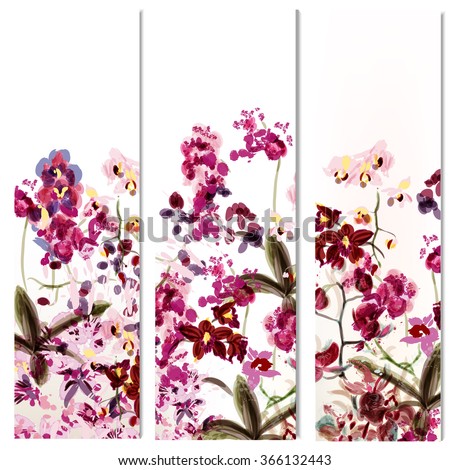Floral vertical brochures set with orchid flowers painted in watercolor style by spots