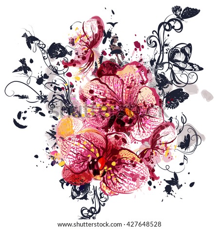 Beautiful background with orchid flowers in watercolor style painted by spots