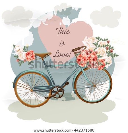 Pretty vector illustration with bicycle in blue color pink rose flowers heart and clouds. Vintage style