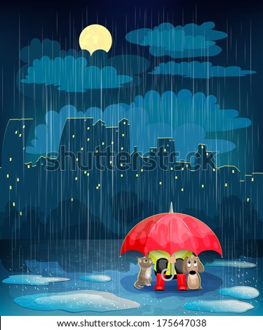 Child under an umbrella in night city. Landscape with night city, rain and moon