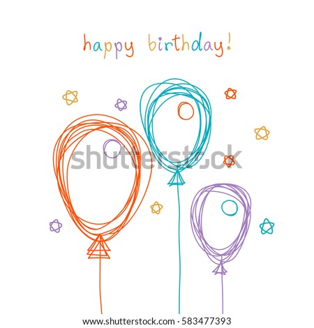 Vector birthday card with doodle balloon. Color scribble design template in childish hand drawn style. Festive illustration for print, web