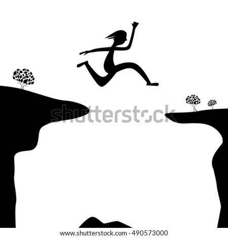 Jump Over Abyss - Jumping Man or Woman Silhouette on White Background