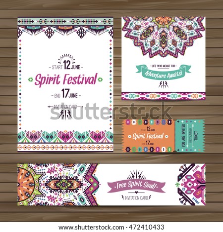 Set of geometric boho bright flyers. Vector decorative ethnic greeting card or invitation design background