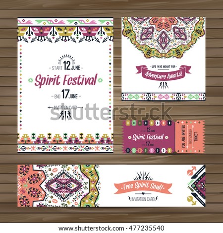 Set of geometric boho bright flyers. Vector decorative ethnic greeting card or invitation design background