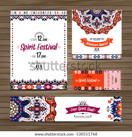 Set of geometric boho colorful flyers. Vector decorative ethnic greeting card or invitation design background