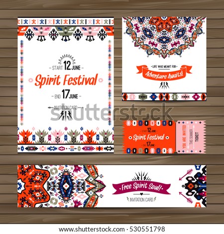 Set of geometric boho colorful flyers. Vector decorative ethnic greeting card or invitation design background