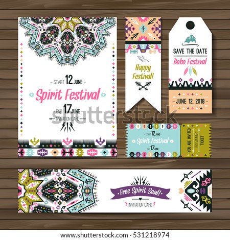 Set of geometric boho bright flyers. Vector decorative ethnic greeting card or invitation design background