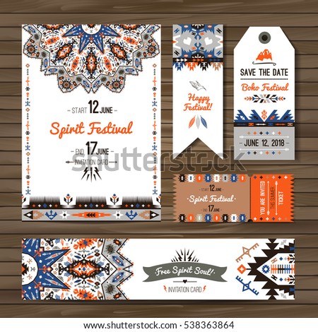 Collection of banners, flyers or invitations with geometric elements. Flyer design in bohemian style
