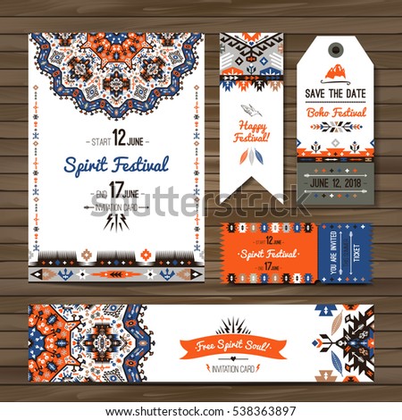 Collection of banners, flyers or invitations with geometric elements. Flyer design in bohemian style