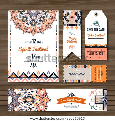 Collection of banners, flyers or invitations with geometric elements. Flyer design in bohemian style