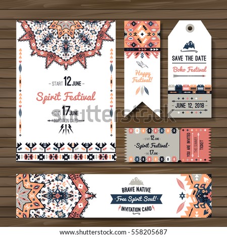 Collection of colorful banners, flyers or invitations with geometric elements. Flyer design in bohemian style