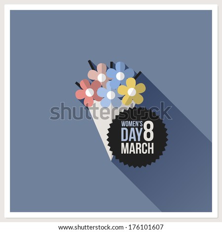 Flower bouquet. International Women??s Day card. Flat vector design with long shadow