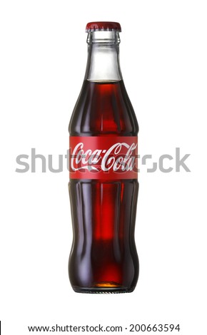 Bangkok, Thailand - JUNE 20, 2014: Coca-Cola Classic in a glass bottle Isolated on white Background. Coca Cola, Coke is the most popular carbonated soft drink beverages sold around the world