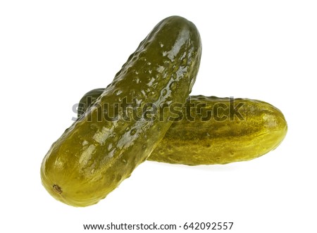 Two marinated pickled cucumbers isolated on white background