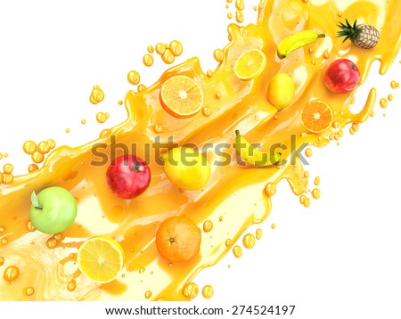 Different fruits and juice splashes. multifruit juice