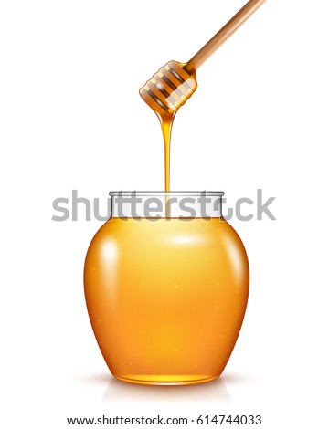 Glass jar of honey with wooden drizzler isolated on white background